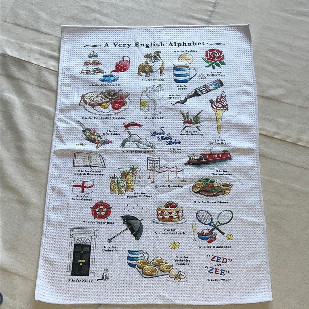 A Very English Alphabet Tea Towel - Illustrated White Cotton - Picture 1 of 7